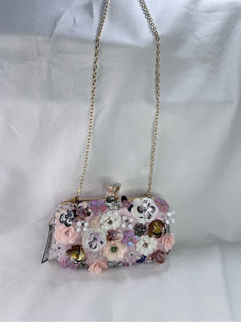 bebe Pink Floral Appliqué Evening Clutch with Gold Chain - Picture 8 of 8